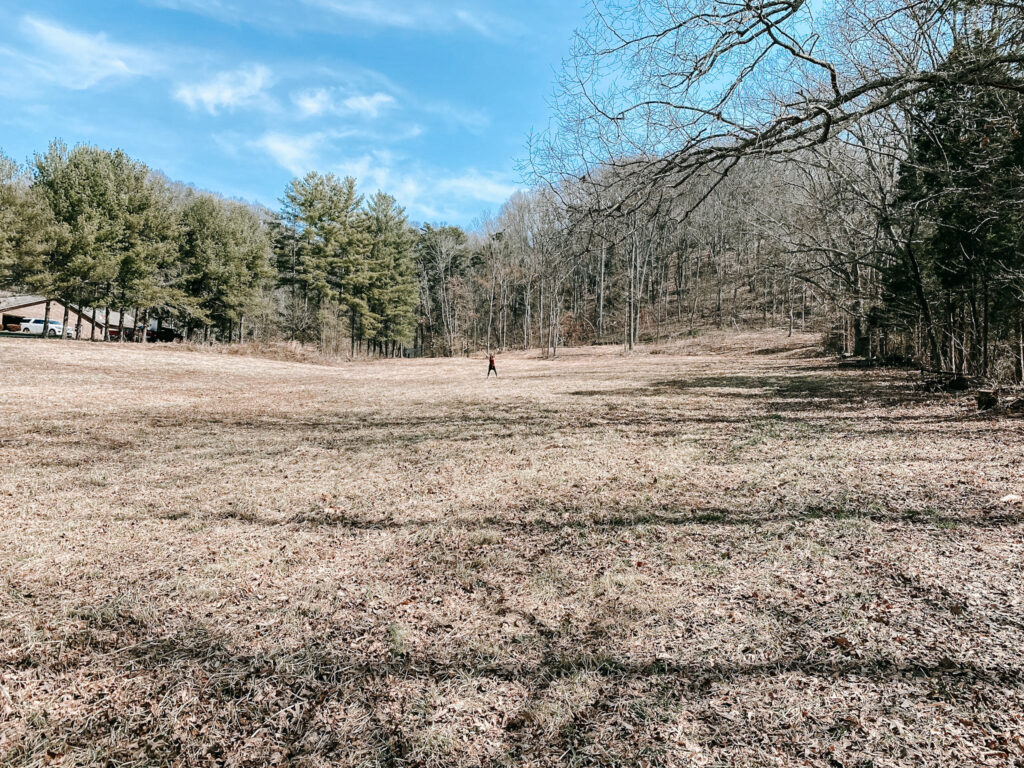 outdoors photo of person standing on field of grass with trees surrounding it